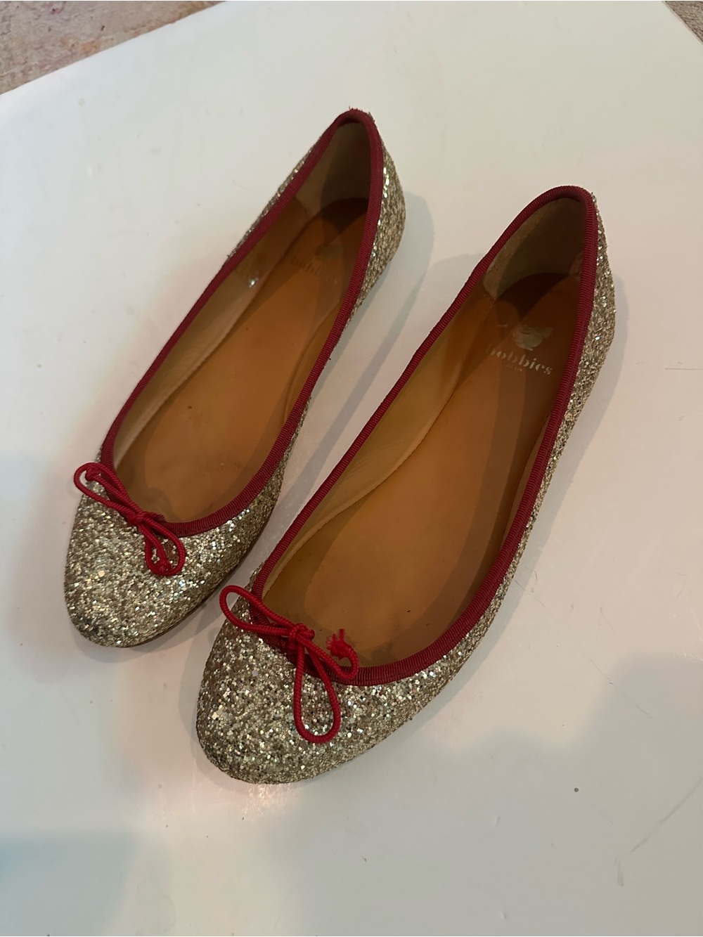 Bobbie's Gold Glitter Ballet Flats with Red Trim
